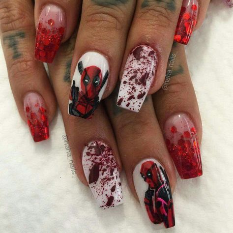 Nail art Deadpool Nails, Diy Halloween Nails, Wolverine Nails, Spiderman And Deadpool, Teeth Nails, Superhero Nails, Marvel Nails, Pool Nails, Essie Nail Polish Colors