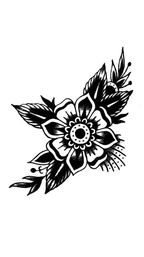 Traditional Sleeve Filler Ideas, Traditional Flower Tattoo Black And White, Old School Flower Tattoo Designs, Girly American Traditional Tattoo Ideas Black And White, Flower Tattoos Traditional, Traditional Tattoo Flowers Black, Traditional Flower Tattoo Sleeve, American Traditional Sleeve Black, American Traditional Tattoos Flower