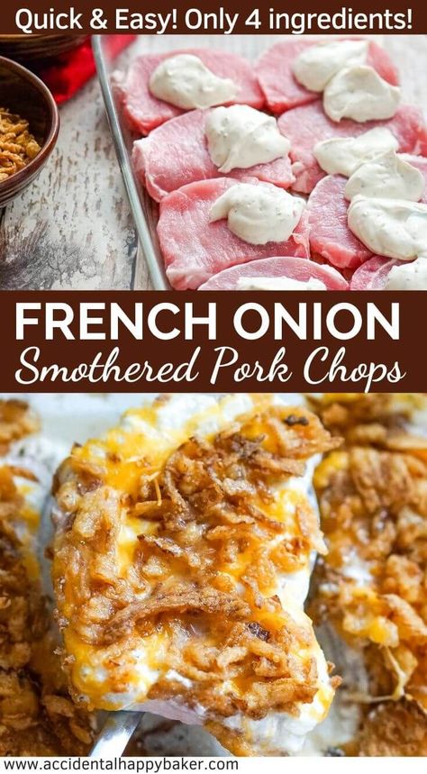 French Onion Smothered Pork Chops, Onion Smothered Pork Chops, Creamy Pork Chops, Pork Chops Baked, Smothered Pork, Pork Chop Recipes Baked, Easy Pork Chop Recipes, Smothered Pork Chops, French Fried Onions