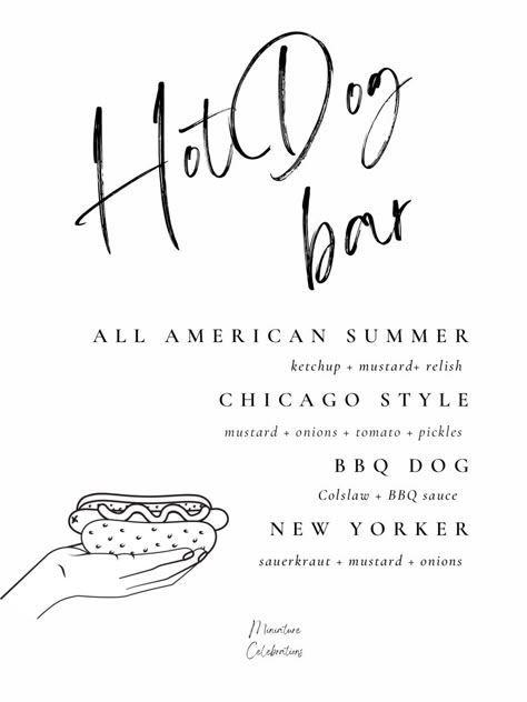 Template with creative hot dog combos to use for your next party or event Hot Dog Wedding Bar, Wedding Hot Dog Bar, Hot Dog Bar Menu, Cafe Meals, Hot Dog Bar Party, Tini Party, Hot Dog Party, Hot Dog Bar, Hot Dog Stand