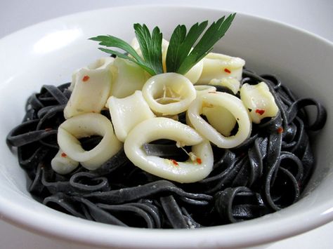 Spicy Calamari Sauté with Squid Ink Pasta | Head Over Meals Recipes With Squid Ink Pasta, Black Squid Ink Pasta Recipe, Stuff Squid Recipe, Spicy Calamari, Squid Ink Pasta Dishes, Fried Squid Calamari, Ink Pasta, Squid Ink Pasta, A Blessing In Disguise