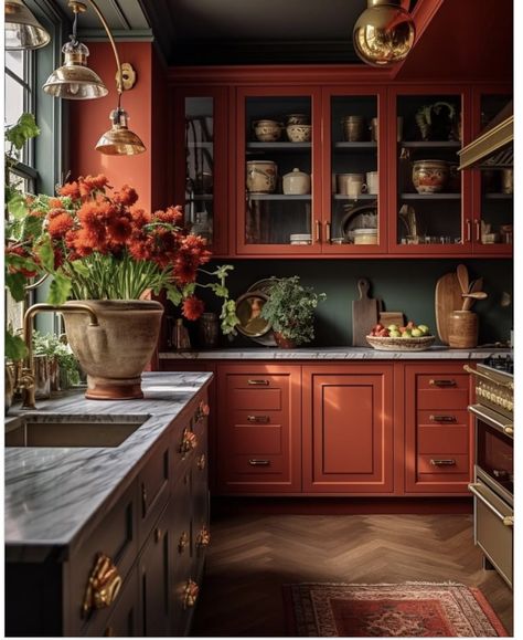 Jewel Tone Kitchen, Formal Kitchen, Coral Kitchen, Essex House, Maximalist Kitchen, Romantic Kitchen, Moody Kitchen, Eclectic Kitchen, New House - Kitchen