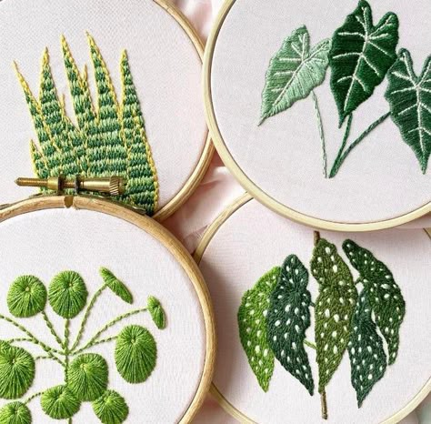 Embroidery Plants Leaves, Leaf Embroidery Pattern, Embroidered Plants, Embroidery Plants, The Gangs All Here, Plant Embroidery, Embroidery Leaf, Contemporary Embroidery, Diy Embroidery Patterns