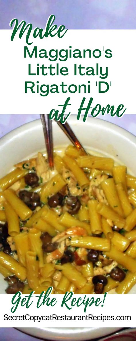 Maggiano's Little Italy Famous Rigatoni 'D' Recipe - Secret Copycat Restaurant Recipes Ciao House Recipes, Bravo Italian Restaurant Recipes, Maggianos Rigatoni D Copycat, Rigatoni D Maggianos Recipe, Maggianos Copycat Recipes, Maggianos Recipes, Rigatoni D Recipe, Rigatoni D, Italy Recipes