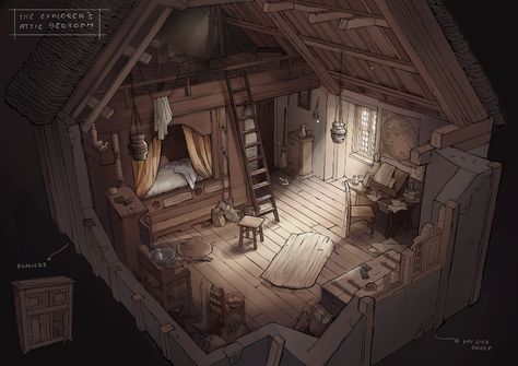 ArtStation - Medieval explorer - bedroom Medieval Explorer, Medieval Bedroom Ideas, Dnd Bedroom, Bedroom Concept Art, Fantasy House Interior, Explorer Bedroom, Medieval Bedroom, Medieval Cottage, Bedroom Concept