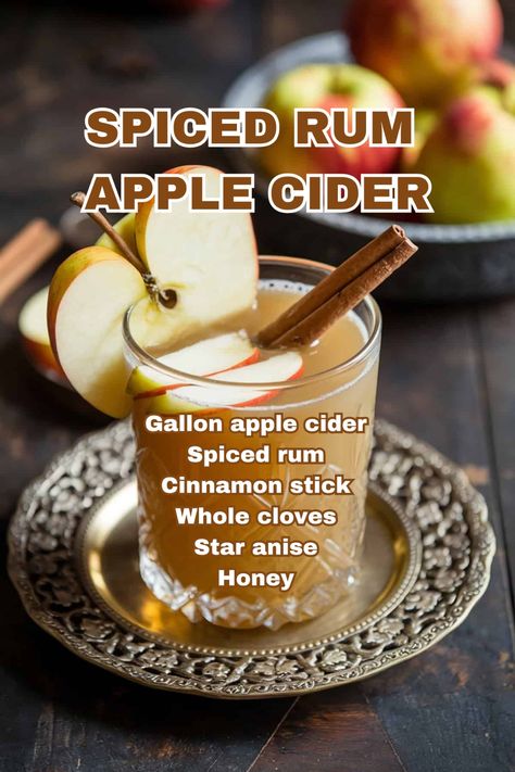 A warm mug of Spiced Rum Apple Cider with a cinnamon stick garnish, surrounded by fresh apples and fall decorations. Captain Morgan Apple Cider, Apple Cider Cocktail Warm, Spiced Rum Apple Cider, Rum Apple Cider, Winter Sangria Recipes, Autumn Beverages, Spiced Rum Drinks, Cider Punch, Christmas Journals