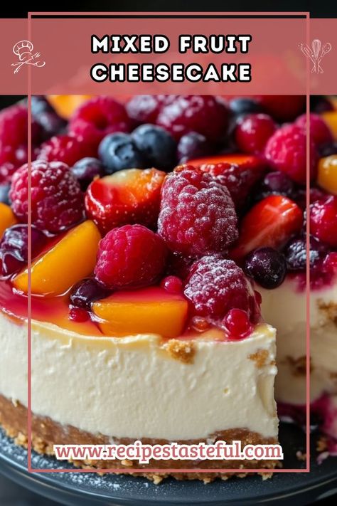 A creamy and delightful cheesecake topped with fresh fruits, perfect for any occasion. Fruit Topping For Cheesecake, Topping For Cheesecake, Cheesecake Fruit, Fruit Topping, Fruit Cheesecake, Fruit Toppings, Fruit Preserves, Mango Recipes, Peach Slices