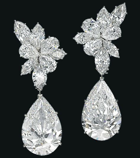 Harry Winston - A Pair of Diamond Ear Pendants - Each top designed as a cluster of marquise and pear-shaped diamonds, suspending a detachable pear-shaped diamond, weighing approximately 19.57 and 19.09 carats, mounted in platinum, 5.5 cm. With maker's mark for Jacques Timey and signed Winston for Harry Winston. Harry Winston Jewelry, Harry Winston, Purple Sapphire, Fabulous Jewelry, Pear Shaped Diamond, Gold Price, Gorgeous Jewelry, Diamond Cluster, High Jewelry