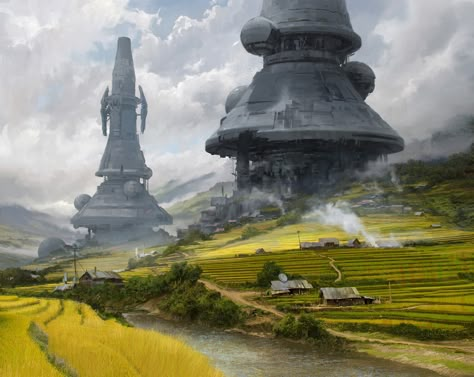 ArtStation - Landscape with constructions., Sergey Vasnev Planet Colony Concept Art, Sci Fi Landscape Art, Starwars Landscape, Alien Spaceship Art, Starwars Concept Art, Sci Fi Architecture, Sci Fi Landscape, Sci Fi City, Sci Fi Environment