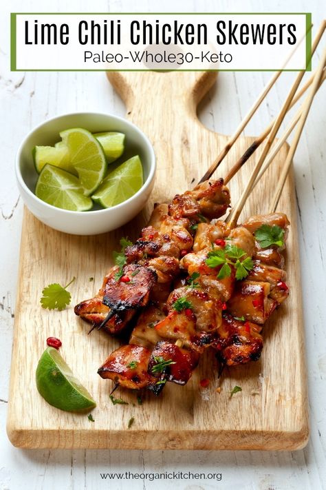 Lime Chili Chicken Skewers | The Organic Kitchen Blog and Tutorials Cinco De Mayo Party Ideas, Lime Chicken Tacos, Celebration Food, Breakfast Cupcakes, Chili Lime Chicken, Chicken Honey, Honey Lime Chicken, Grilled Chicken Skewers, Organic Kitchen