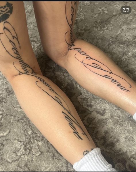 Back Of Thigh Script Tattoo, Leg Tattoos With Words, Grunge Heart Tattoo, Front Thigh Tattoos, Corset Tattoo, Back Of Leg Tattoos, Tattooed Woman, Cursive Tattoos, 4 Tattoo