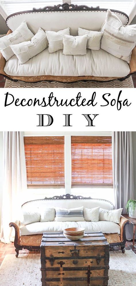 A step by step tutorial on how to get a deconstructed sofa look. Starting from tearing it down to its "bones" and then recovering it with drop cloth for a deconstructed sofa look. Deconstructed Sofa, Branches Decor, Upholstery Techniques, Deconstructed Chair, Farmhouse Style Lighting, Diy Couch, Antique Sofa, Country Furniture, Drop Cloth