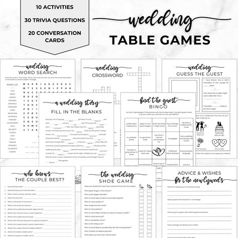 Bring an extra level of fun, laughter, and connection to your wedding reception with these wedding table games! Activities included: Find the Guest Bingo Advice and Wishes for the Newlyweds The Wedding Shoe Game Fill in the Blanks (Mad Libs-style game) Who Knows the Couple Best?  Word Search (with answer key) I Spy (photo challenge) Guess the Guest Syllables Puzzle (with answer key) Crossword Puzzle (with answer key) Conversation Starter Cards (20 questions) US Wedding Traditions Trivia (10 questions with answer key) Global Wedding Traditions Trivia (10 questions with answer key) Famous Weddings Trivia (10 questions with answer key) This fun mix of interactive activities is sure to entertain guests and help the newlyweds create wonderful memories of their big day!  Print either US letter s Find The Guest Wedding Game, Guess The Guest Game, Fun Games At Weddings, Wedding Ice Breakers For Guests, Wedding Reception Games Entertainment, Wedding Crossword Puzzle Questions, Casual Wedding Reception Ideas, Wedding Day Games, Wedding Games Ideas