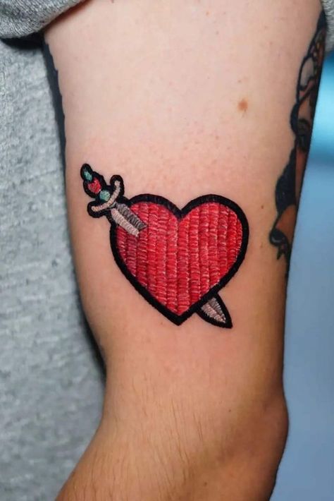 Incredibly Powerful and Inexplicably Gorgeous Embroidery Tattoo Art ★ 3d Heart Tattoo, Heart Tattoos For Women, Collarbone Tattoos, Heart Tattoo Design, Embroidery Tattoo, Sticker Tattoo, Upper Arm Tattoos, Heart Tattoo Designs, Detailed Tattoo