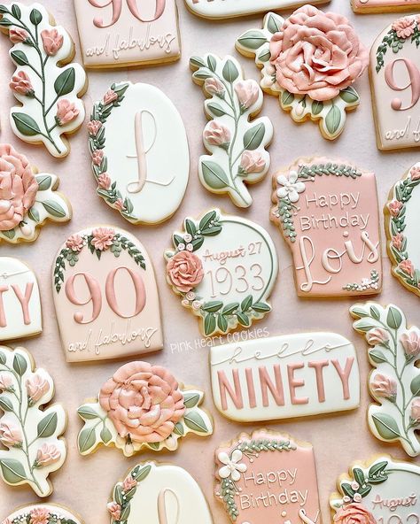 Pink Heart Cookies (@pinkheartcookies) • Instagram photos and videos Cookies For 90th Birthday, Hexagon Birthday Cookies, 90th Bday Cookies, Grandma Birthday Cookies, 90 Birthday Cookies Decorated, 100 Birthday Cookies, Vintage Cookies Decorated, 90 Birthday Cookies, 100th Birthday Cookies