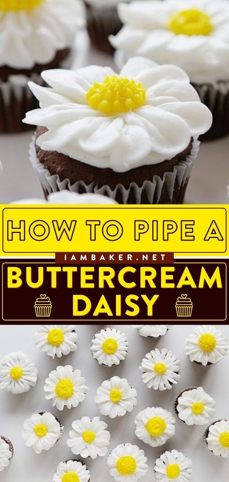 How To Make Icing Daisies, Yellow Flower Cupcakes Ideas, Daisy Cupcake Tutorial, Cupcakes With Daisies, Daisy Wedding Cake Ideas, Frosting Flowers On Cupcakes, How To Make Daisy Cupcakes, How To Make Daisies On A Cake, How To Make Daisies Out Of Frosting