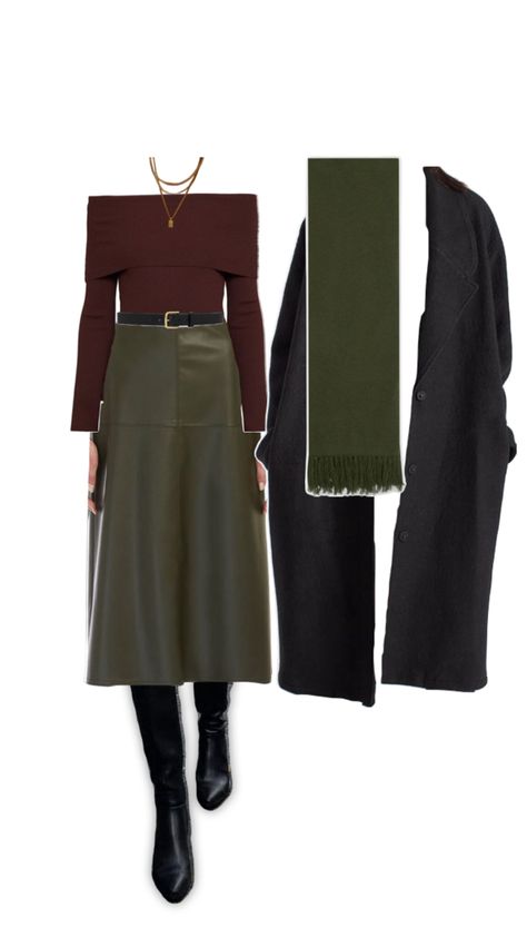 dark academia green dark olive leather skirt outfit brown shoulder off top high boots classy outfit Dark Green Boots Outfit, Olive Green Leather Skirt Outfit, Boots Classy Outfit, Dark Green Skirt Outfit, Olive Skirt Outfit, Silk Skirt Outfit Winter, Green Leather Skirt Outfit, Green Boots Outfit, Shoulder Off Top