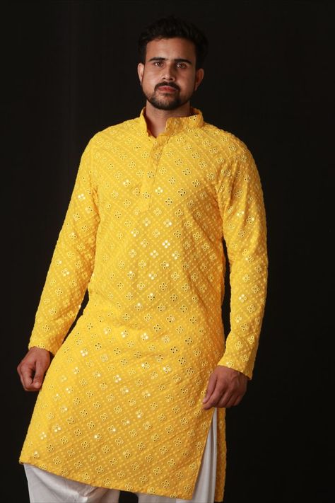 kurta for men, kurta pajama, kurta pajama design, wedding kurta for men, designer kurta for men, kurta design for men Lakhnavi Kurta, Mirror Work Kurta, Indian Mirror, Haldi Ceremony Outfit, Haldi Function, Wedding Kurta, Wedding Kurta For Men, Kurta Pajama Men, Haldi Outfits