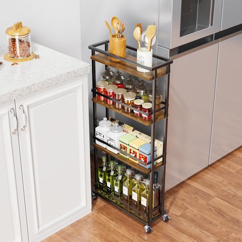 PRICES MAY VARY. 5.9 in Width for Narrow Place: This slim storage cart, sized at 16.5"D x 5.9"W x 35.6"H, effortlessly fits into narrow space between cabinets and refrigerators, washers and dryers, desks and walls, providing extra storage space Versatile storage cart: Featuring 4-layer shelves of different heights, this spice organizer cart offers ample storage capacity for various items. Store go-to spices, oils, wine, dry goods, and more in the kitchen, or toiletries in the bathroom. The open Small Kitchen Organization Storage, Small Apartment Decorating Kitchen, Small Kitchen Organization Cabinets, Apartment Kitchen Storage, Storage For Small Kitchen, Tiny Kitchen Storage Ideas, Tiny Space Organization, Kitchen Storage Ideas For Small Spaces, Small Kitchen Storage Ideas