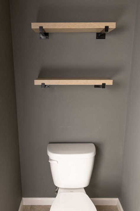 White Shelves With Black Brackets, Storage Above Toilet Ideas, Styling Floating Shelves, Shelves Behind Toilet, Bathroom Organizer Ideas, Shelf Above Toilet, Shelves Above The Toilet, Two Floating Shelves, Over The Toilet Organizer