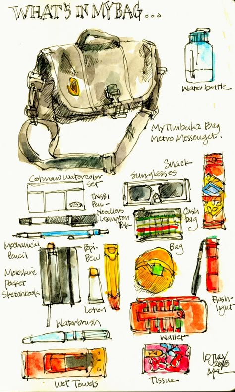 https://flic.kr/p/291zwUc | What's in My Bag | 7 July 2018 I have a Timbuk2 Metro Mini Messenger that I am using to carry sketching supplies such as a small Moleskine Sketchbook, a Cotman Watercolor Pocket set, waterbrush, fountain pen and mechanical pencil. Also my personal items - wallet, tissue, lotion, smart phone, ....  Materials: Moleskine sketchbook, watercolor, TWSBI fountain pen filled with Noodlers' Lexington Ink. Sketchbook Materials, Pen Sketchbook, Sketching Journal, Fill Up Sketchbook, Art Items, Drawing Items, Fill A Sketchbook Ideas, Watercolor Set, What I Have In My Bag