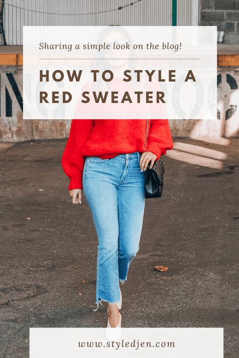 red sweater outfit idea What To Wear With Red Sweater, Outfits With Red Sweaters, Red Pullover Outfit For Women, Outfit With Red Sweater, How To Style Red Sweater, Red Turtleneck Sweater Outfit, Red V Neck Sweater Outfit, Red Vneck Sweater Outfit For Women, How To Style A Red Sweater