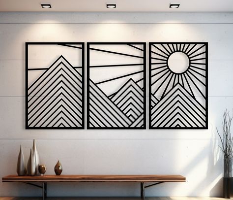 Mountain Wall Art, Sun Sparkle, Large Geometric Wood Wall Art, Nature, Sunrise, Hill Wood Decor, Set of 3 Mountain With Lines, Nursery Sign, Nursery Wall Decor, Housewarming Gift, Sun Wall Decor, Livingroom Wall Art, Bedroom Wall Art, Birthday Gift, Gift for Friend, Farmhouse Wall Decor Ready to hang❗ 〰️〰️〰️〰️〰️〰️〰️〰️〰️〰️〰️〰️〰️〰️〰️ ✅ Set Includes 3 Panels ✅ PLEASE CHECK THE SIZE CHART IN THE PHOTOS SECTION BEFORE YOU ORDER ✅ DIMENSIONS ARE FOR 1 PANEL: Small; 20x29 cm | 7.8"W x 11.4"H Medium; 30 Geometric Metal Wall Art, Large String Art, Wood Panel Wall Art, Hallway Decorating Wall, Slanted Wall Decor, Outdoor Wall Decor Ideas, Mcm Wall Decor, Laser Cut Wall Art, Patio Wall Decor