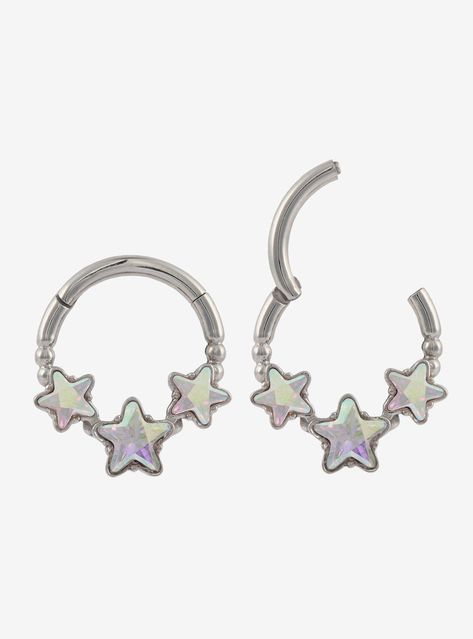 Set of 2 silver-tone hinged clickers with triple star gem designs. Jewelry care: Wash with antibacterial soap and warm water. Piercing care: Wash hands thoroughly  then clean piercing with H2Ocean (sold separately) or saline solution. Piercing Ideas Septum, Cute Septum Nose Rings, Nose Piercing And Septum Combo, Septum Piercing Jewelry Silver, Cute Septum Jewelry, Star Septum Ring, Cute Jewelry Silver, Star Septum Piercing, Cute Septum Piercing Jewelry