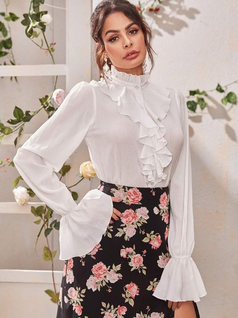 Ruffle Trim Frill Neck Flounce Sleeve Blouse | SHEIN USA Long Blouse Outfit, Red Shirt Outfits, Fall Blouses, White Blouse Dress, White Ruffle Shirt, Ruffle Outfit, Happy Dresses, White Ruffle Blouse, White Ruffle Dress