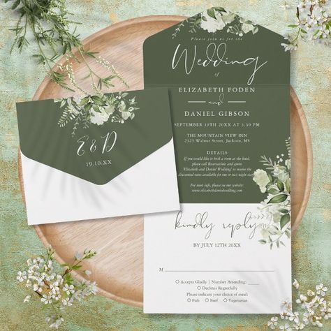 Olive Green Greenery Floral Details RSVP Wedding All In One Invitation Olive Green Weddings, Green Wedding Inspiration, Floral Wedding Invitation Suite, Wedding Autumn, Rsvp Online, Rsvp Wedding, Country Garden Weddings, Budget Wedding Invitations, Emerald Green Weddings