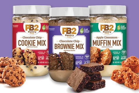 PB2 Pantry Baking Mixes: Plant-Based Brownies, Cookies, and Muffins | Hungry Girl Chocolate Chip Muffin Mix, Pb2 Recipes, Low Calorie Baking, Brownie Mix Recipes, Hungry Girl Recipes, Chocolate Chip Cookie Mix, Chocolate Chip Brownies, Apple Cinnamon Muffins, Muffin Mix