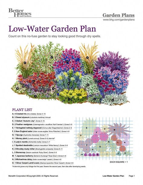 BHG Low-Water Garden Plan #gardenplans Sedum Garden Landscaping, Drought Tolerant Garden Australian, Low Maintenance Garden Australian, Small English Garden Ideas, New England Landscaping, English Garden Landscaping, Landscaping Hedges, Slope Stairs, Small Garden Ideas Low Maintenance