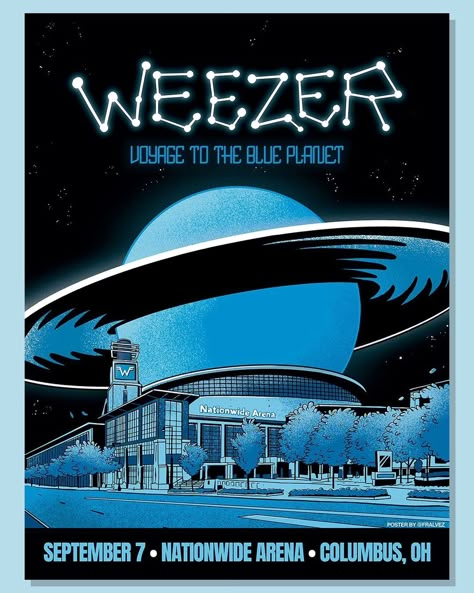 #Repost @fralvez GIG poster design for @weezer for the Saturday show on the Voyage to the Blue Planet tour. It is a great pleasure to work on this! Thanks so much to AD @thekqg and @manheadmerch for all your support in making it happen! #poster #gigposter #rockposter #fralvez #weezer #flastock #weezerposter #truegrittexturesupply #voyagetotheblueplanet #merchdesign #posterdesign Music Show Poster Design, Weezer Background, Weezer Poster, Cd Cover Ideas, Grunge Room Ideas, Gig Posters Design, Wall Paper Ideas, The Blue Planet, Poster Art Design