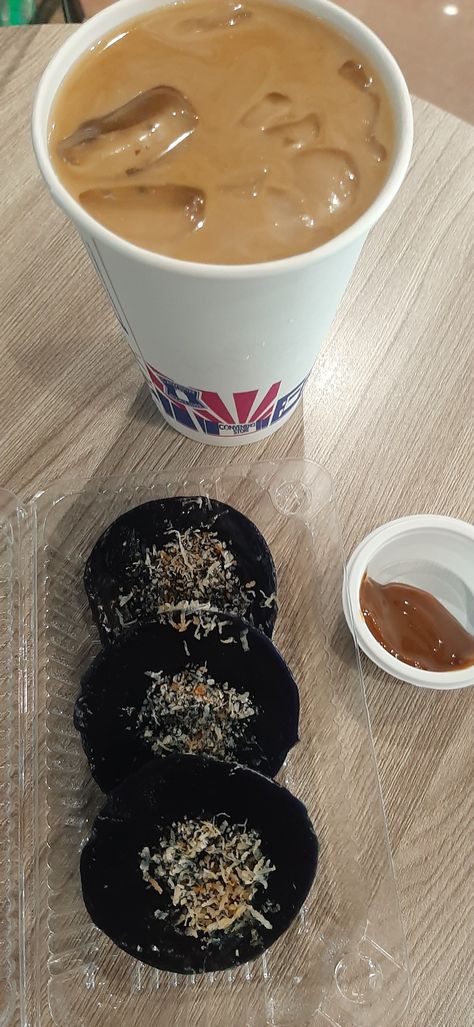 Lawson's Black Kutsinta (Rice Cake with shredded dried coconut and Dulce de Leche Dip) & Iced Coffee Dried Coconut, Black Rice, Rice Cakes, Iced Coffee, Philippines, Dip, Pastry, Coconut, Rice