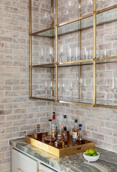 Butlers Pantry With Wallpaper, Bar Niche, Mirrored Bar Wall With Shelves, Bar With Mirror And Glass Shelves, Aged Mirror Bar Backsplash, Mirrored Bar With Glass Shelves, Wet Bar Antique Mirror, Living Room Bar Ideas, Bistro Shelving