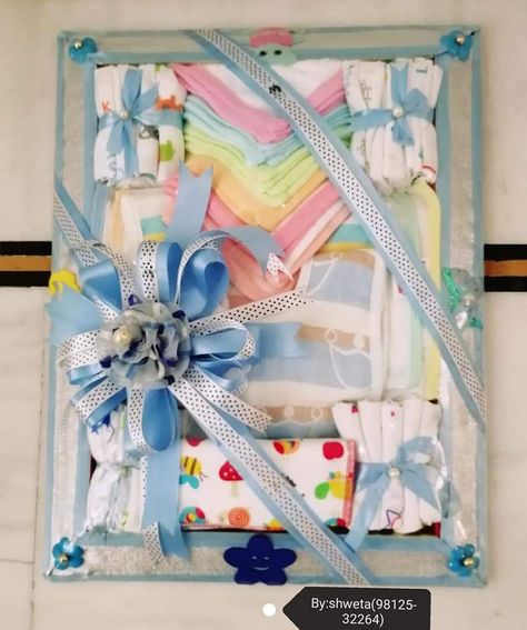 Toys Packing Ideas, Baby Hampers Packaging, Baby Trousseau Packing Ideas, Ubtan Decor, Baby Hamper Ideas, Newborn Gifts Diy, Baby Shower Clothes, Kids Hamper, Artistic Activities