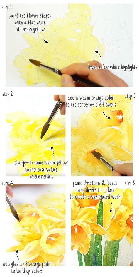 Watercolor Daffodils, Watercolor Flowers Tutorial, Watercolor Paintings For Beginners, Watercolor Lessons, Diy Watercolor Painting, Daffodil Flower, Watercolor Pictures, Loose Watercolor, Watercolor Paintings Easy