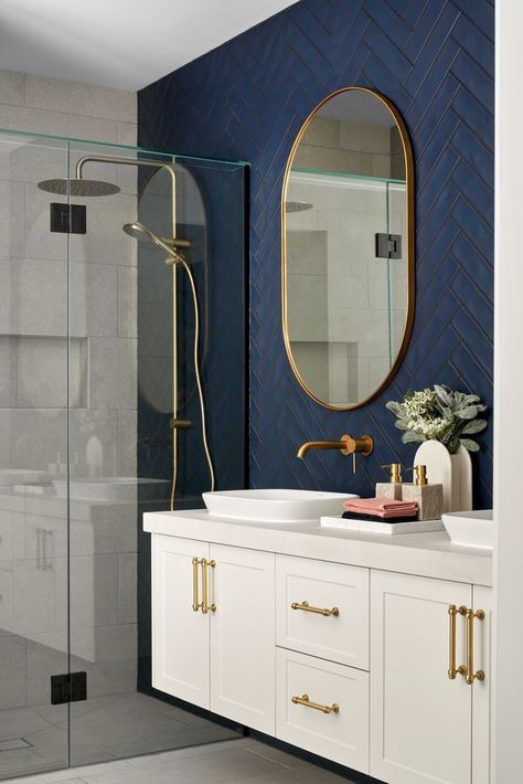 Blue Feature Tile Bathroom, Navy Blue Herringbone Tile Bathroom, Dark Blue Herringbone Tile Bathroom, Dark Blue Subway Tile Bathroom, Ivy Hill Tile Bathroom, Navy Herringbone Tile Bathroom, Navy And Brass Bathroom, Navy And Grey Bathroom, Gold And Blue Bathroom