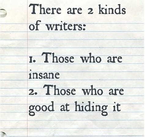 Two Kinds Of Writers - Writers Write. I am good at hiding it for a while and then when u get to know me, you realize that I am VERY crazy. Writer Memes, Writer Humor, Writing Humor, Writing Memes, A Writer's Life, Writing Motivation, Writer Quotes, Quotes Thoughts, Writers Write