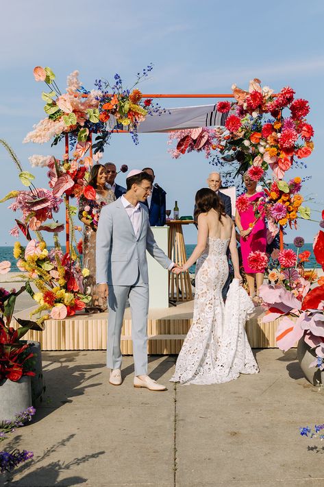 Colorful Jewish Wedding Colorful floral Chuppah #LuxuryWedding #everlieco #weddingphotography #weddingdecor #colorfulwedding #jewishwedding jewish wedding Mexican Jewish Wedding, Jewish Wedding Ceremony Chuppah, Indian Jewish Wedding, Tropical Chuppah, Whimsical Chuppah, Unique Chuppah, Colorful Chuppah, Wooden Chuppah, Wedding Chuppah Flowers