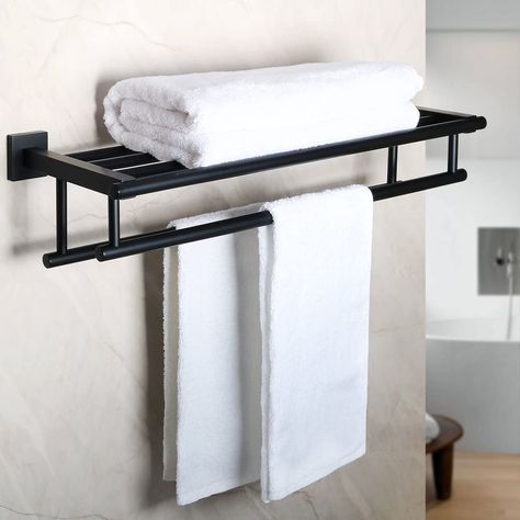 Toallero Ideas, Wall Towel Racks, Mounted Towel Rack, Wall Mounted Towel Rack, Double Towel Bar, Towel Shelf, Geometric Elements, Black Towels, Bathroom Hardware Set