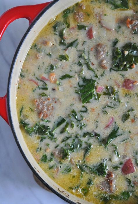 This Sausage and Kale Soup is an Olive Garden Zuppa Toscana copycat recipe made with bacon, Italian sausage, potatoes and fresh kale. http://diningwithalice.com/soup/sausage-and-kale-soup/ ‎ Soup Recipes Olive Garden, Italian Sausage Potatoes, Soup Sausage, Kale Recipes Healthy, Olive Garden Zuppa, Sausage And Kale Soup, Sausage And Kale, Kale Soup Recipes, Olive Garden Zuppa Toscana