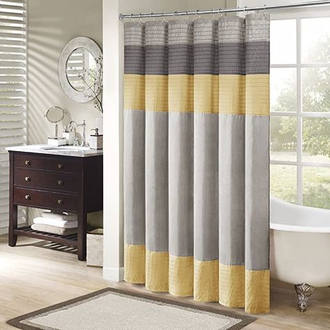 Blue Grey Walls, Yellow Shower Curtains, Home Essence, Striped Shower Curtains, Yellow Bathrooms, Grey Curtains, Modern Baths, Shower Liner, Madison Park