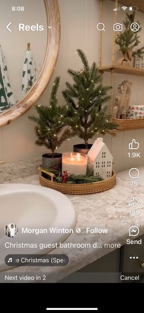 Bathroom Christmas Shelf Decor, Restroom Shelf Decor, Christmas Decor Powder Room, Countertop Christmas Tree, Bathroom Shelf Christmas Decor, Half Bathroom Christmas Decor, Guest Bathroom Christmas Decor Ideas, Bathroom Counter Christmas Decor, Christmas Half Bath Decor