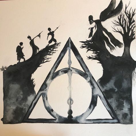 Deathly Hallows Art, Painting Harry Potter, Harry Potter Tattoo Sleeve, Dragon Tattoo Drawing, Harry Potter Art Drawings, Harry Potter Painting, Potter Tattoo, Harry Potter Poster, Harry Potter Items