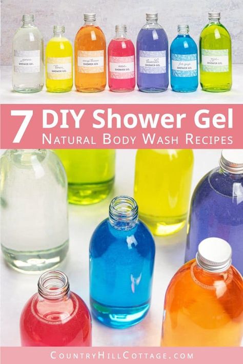 Learn how to make shower gel from scratch without castile soap or honey. This easy vegan DIY shower gel recipe that lathers is suitable for dry skin, sensitive skin, and kids. The best homemade body wash is made with natural organic materials, essential oils and glycerin. Included are 7 shower gel recipes for rose, lavender, jasmine, lemon, mint, and bodywash for men. With tips for packaging ideas for bottles and dispenser, how to use plus free printable label designs. | CountryHillCottage.com Body Wash Diy Shower Gel, Diy Shower Gel Recipes, How To Use Body Wash, Body Care Diy Products, Homemade Shower Gel Recipes, How To Make Shower Gel Recipe, Diy Shower Gel Homemade Body Wash, How To Make Shower Gel, Bodywash Packaging Design