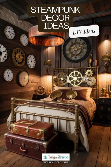 Get inspired to make the most of your small apartment bedroom with stylish decor ideas. 🏢✨ #ApartmentDecorInspiration #RoomMakeoverBedroom What’s your opinion on this? Steampunk Interior Design Bedroom, Steampunk Furniture Bedroom, Steam Punk Bedroom Aesthetic, Small Apartment Bedroom, Steampunk Pillows, Steampunk Bedding Duvet Covers, Furniture Colors, Small Apartment Bedrooms, Apartment Bedroom