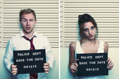 Mug Shot save the date. Funny Photo Booth, Funny Save The Dates, Wedding Invitations With Pictures, Funny Wedding Invitations, Boda Diy, Funny Ideas, Creative Wedding Invitations, Funny Photo, Photo Booths