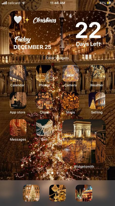 Gold Christmas Aesthetic Wallpaper, Christmas Night Aesthetic, Gold Christmas Aesthetic, Home Screen Themes, Holiday Iphone Wallpaper, Christmas Widgets, Widgets And Wallpapers, Christmas Layout, Phone Theme Ideas