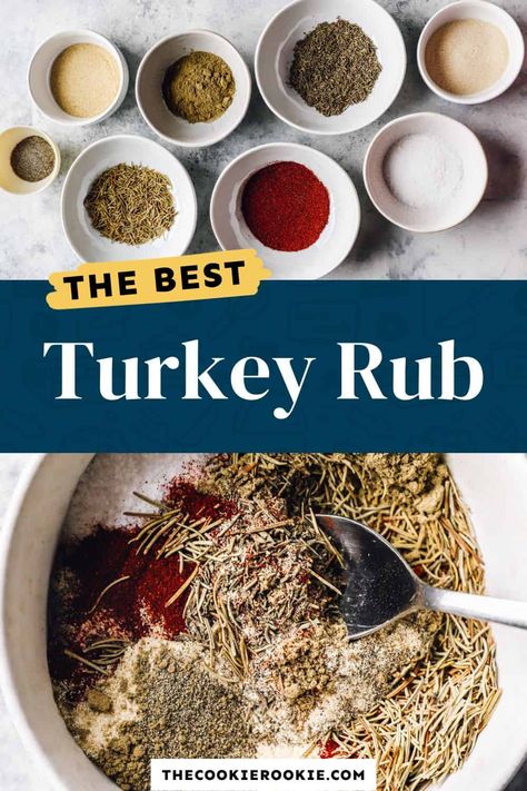 Turkey Rub is here to make sure you never serve a bland turkey on Thanksgiving! This simple seasoning blend features sage, rosemary, thyme, paprika, garlic powder, and more. It's the best and easiest way to make sure your turkey always tastes the best! Thanksgiving Turkey Seasoning, Best Turkey Seasoning, Best Turkey Rub Recipe, Turkey Rub Recipes, Dry Brine Turkey, The Perfect Turkey, Turkey Rub, Turkey Seasoning, Dry Rub Recipes